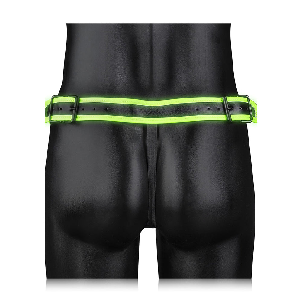 Ouch Buckle Jock Strap Glow In The Dark L XL displayed on a mannequin showcasing its fluorescent green detailing.