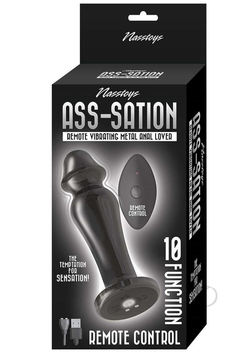 Ass-Sation Remote Vibrating Metal Anal Plug Black packaging with remote control features.