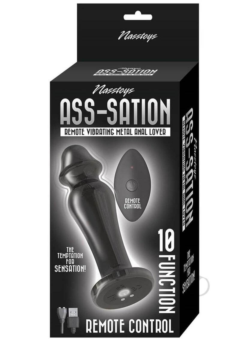 Ass-Sation Remote Vibrating Metal Anal Plug Black packaging with remote control features.