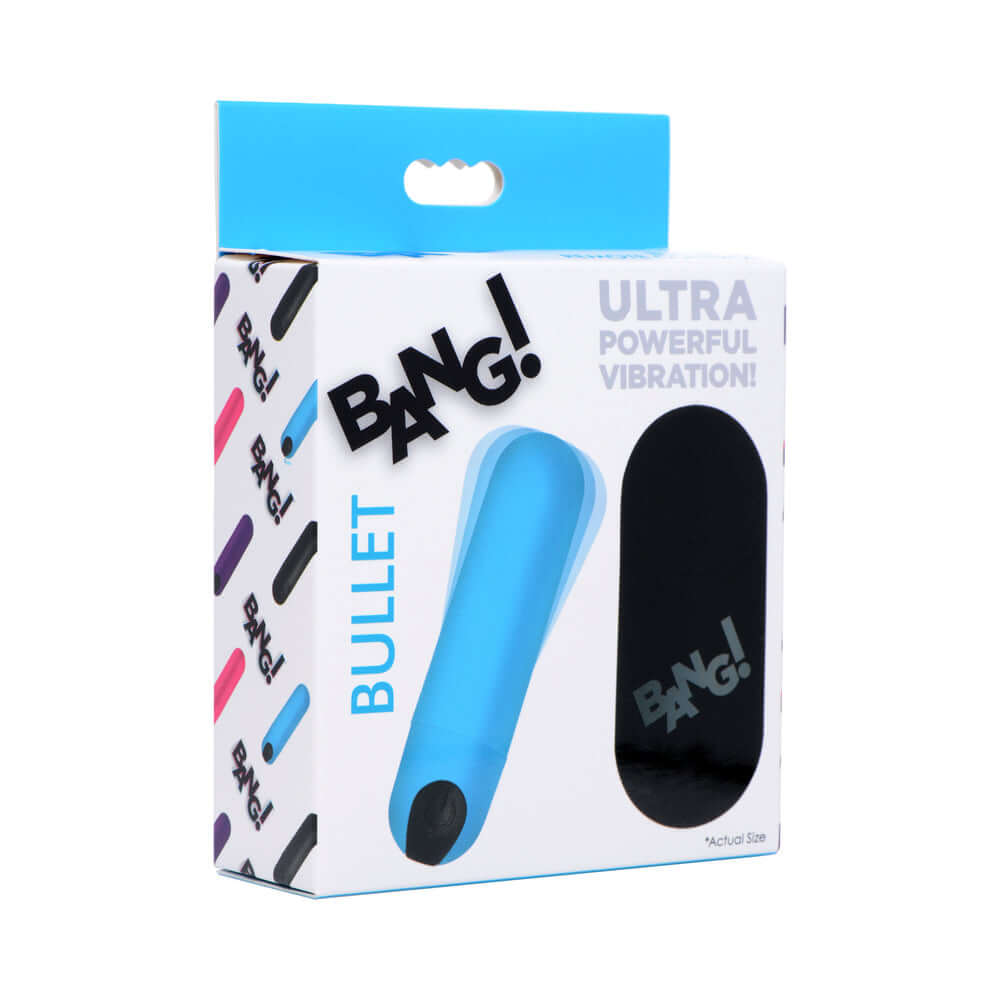 BANG Vibrating Bullet with Remote Control Blue packaging featuring ultra powerful vibrations.