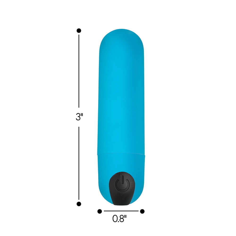 BANG Vibrating Bullet with Remote Control Blue shown with dimensions 3" x 0.8" for discreet use.