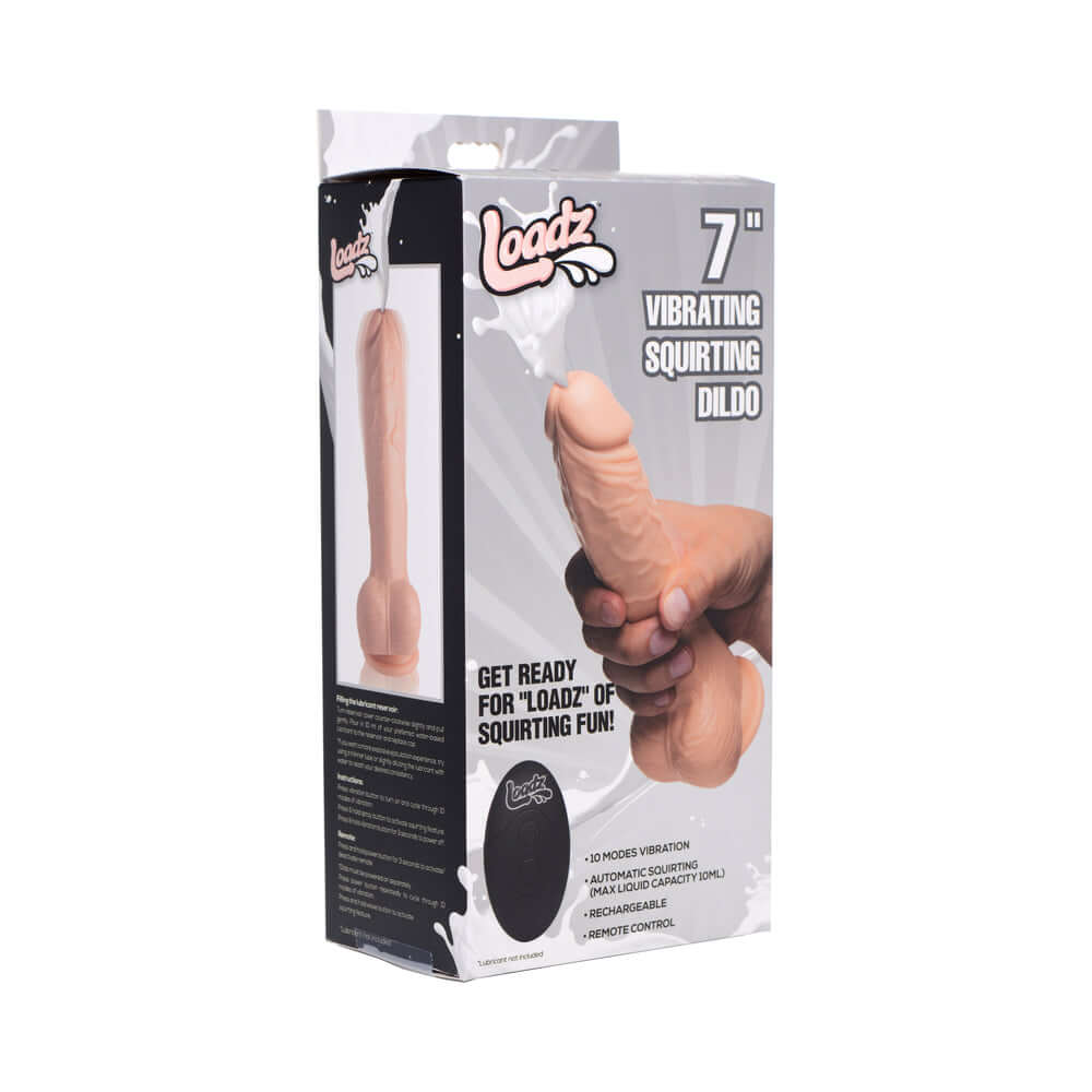 Loadz 7 inches Vibrating Squirting Dildo Light in packaging showcasing features and design.
