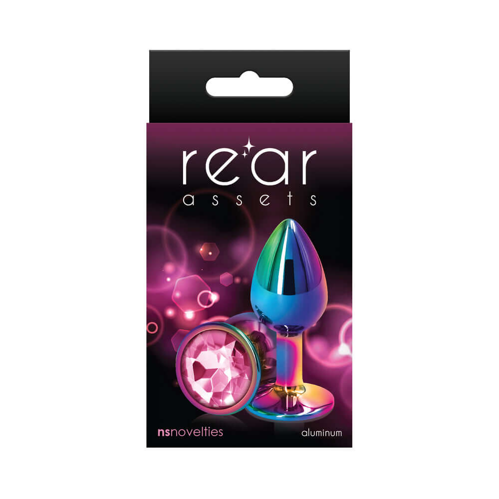 Rear Assets Metal Anal Plug Small Multicolor Pink packaging displayed with vibrant colors and sleek design.