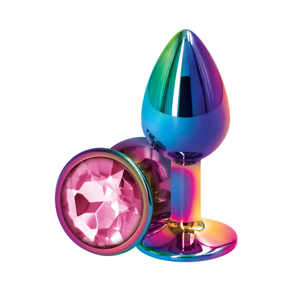 Rear Assets Metal Anal Plug Small Multicolor Pink in chrome-plated design with a pink gem accent.