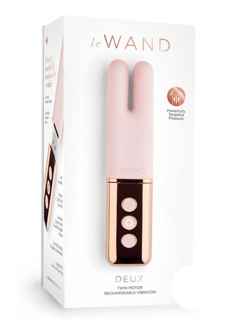 Le Wand Deux Silicone Clitoral Vibrator Rose Gold packaging showcasing elegant design and user-friendly controls.