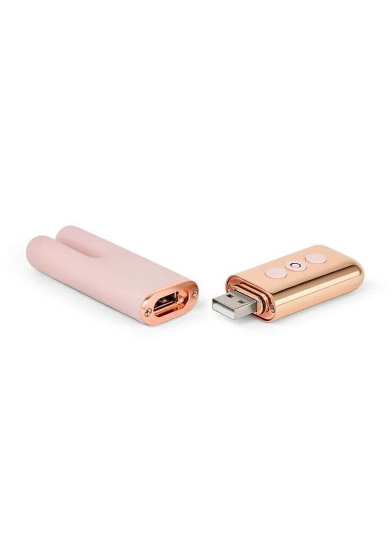 Le Wand Deux Silicone Clitoral Vibrator Rose Gold showing pink silicone body and gold control panel