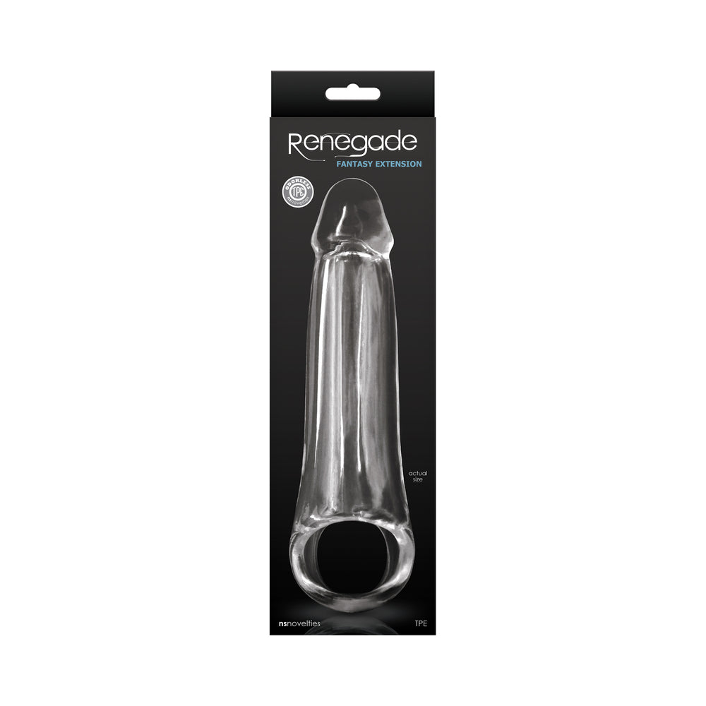 Renegade Fantasy Penis Extension Large packaging showing clear design and odorless body-safe TPE material.