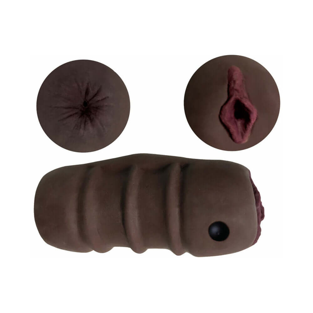 Double Trouble BFFs Elina & Nadia Vibrating Stroker Brown showcasing its dual-entry features and textured design.