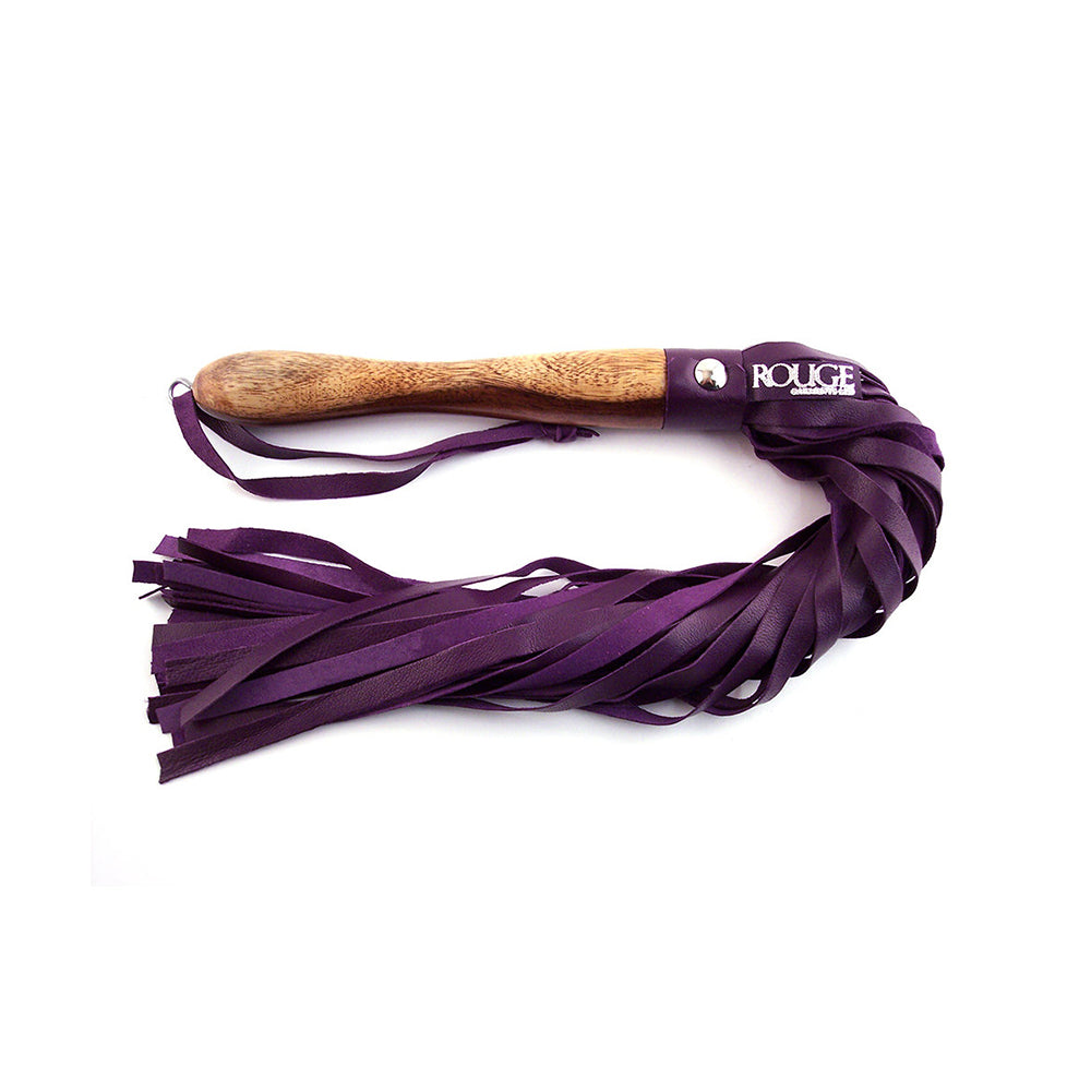 Rouge Wooden Handle Flogger Purple, featuring a Sheesham wooden handle and high-quality sheep leather tails.