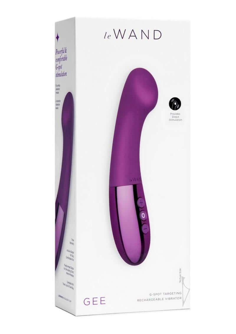 Le Wand Gee Rechargeable Body G-Spot Vibrator Cherry packaging showcased with flexible design and controls.