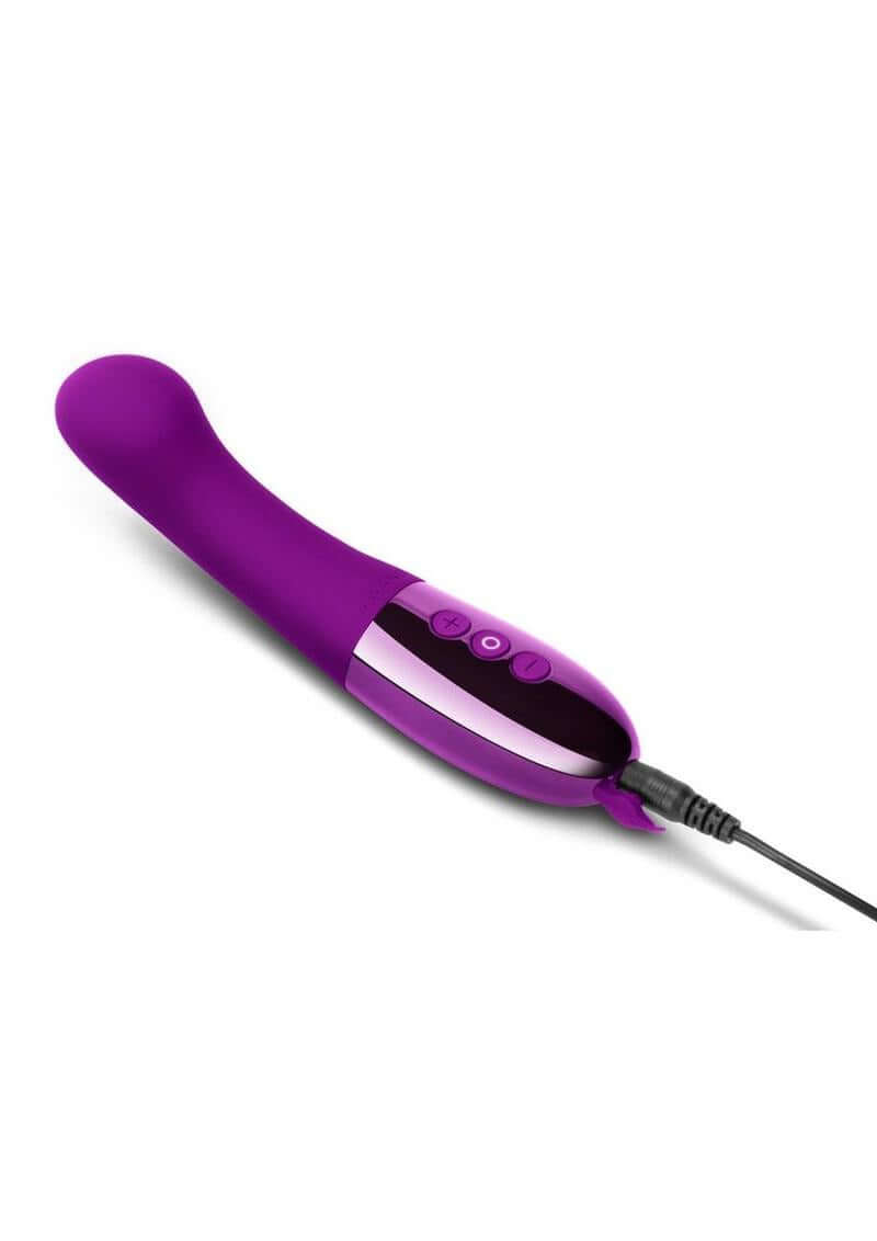 Le Wand Gee Rechargeable Body G-Spot Vibrator Cherry in purple with charging cable.
