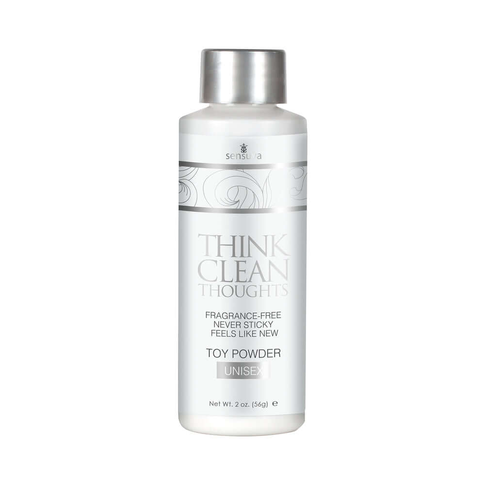 Sensuva Think Clean Thoughts Toy Powder 2 Oz bottle for keeping intimate items fresh and smooth.