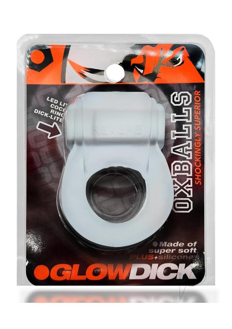 Glowdick Silicone Cockring with LED Clear Ice inside packaging showing its sleek design and ergonomic features.