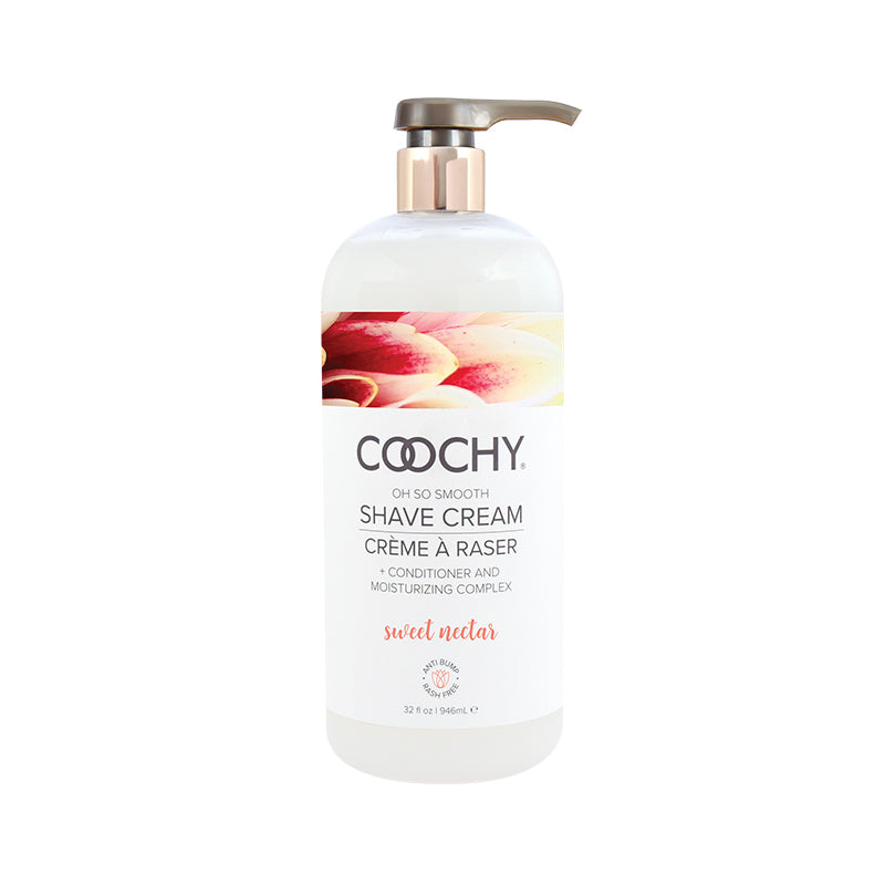 Coochy Shave Cream Sweet Nectar 32 Oz. bottle featuring a moisturizing complex for a smooth shaving experience.
