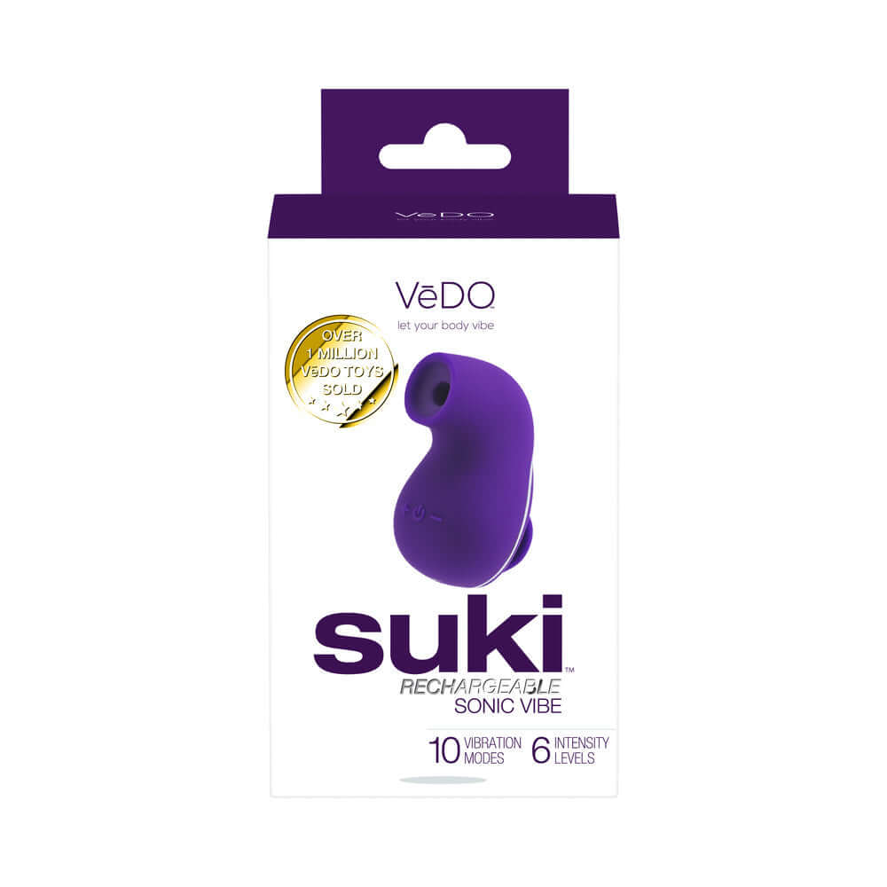 VeDO Suki Sonic Suction Rechargeable Vibrator Deep Purple packaging featuring 10 vibration modes and 6 intensity levels.
