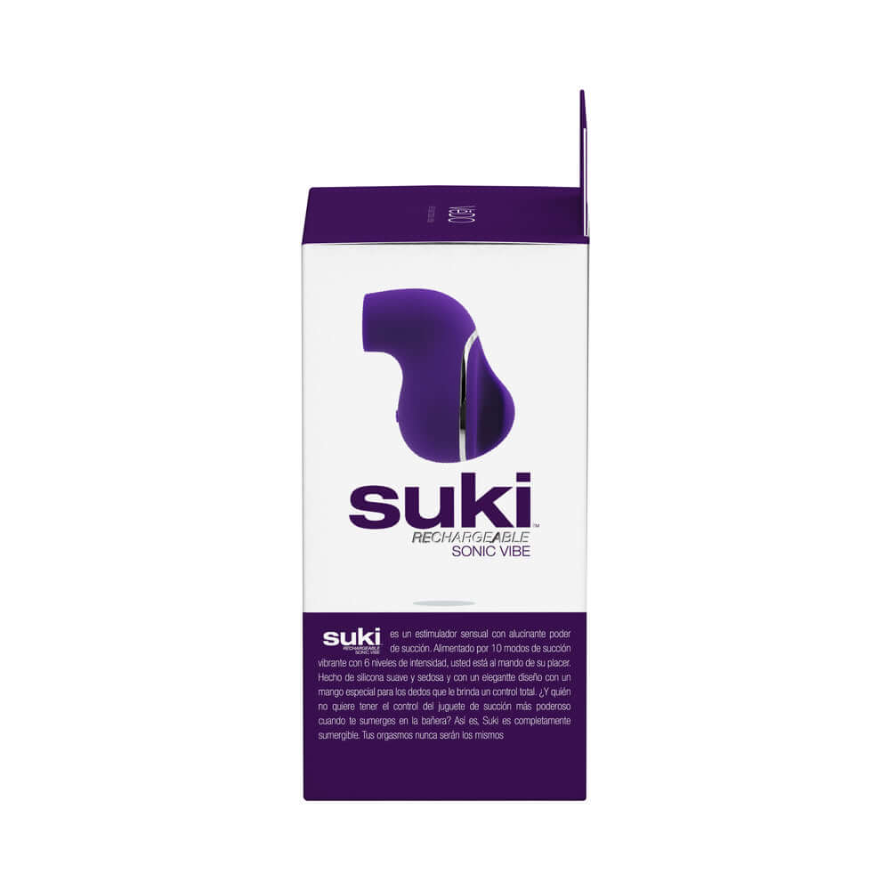 VeDO Suki Sonic Suction Rechargeable Vibrator Deep Purple packaging with description and design details.