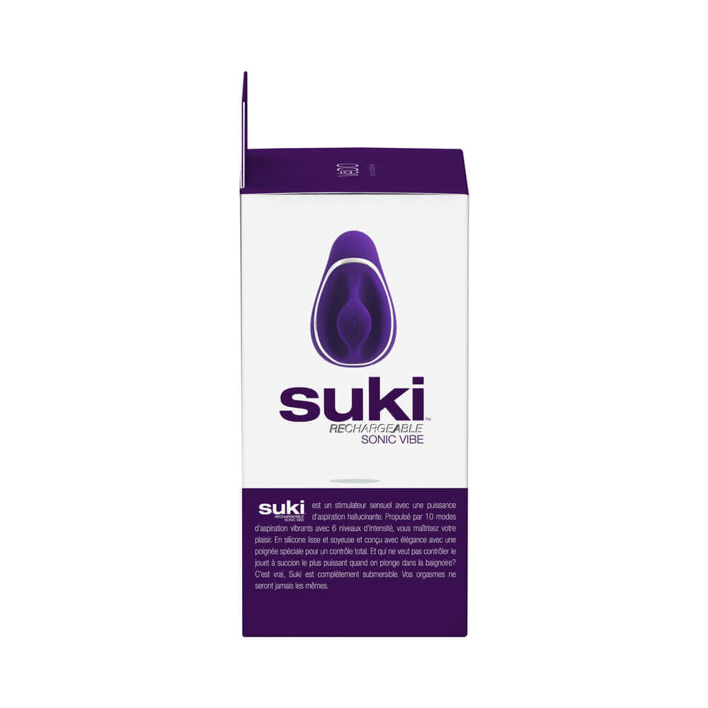 VeDO Suki Sonic Suction Rechargeable Vibrator Deep Purple packaging featuring purple design and product details.
