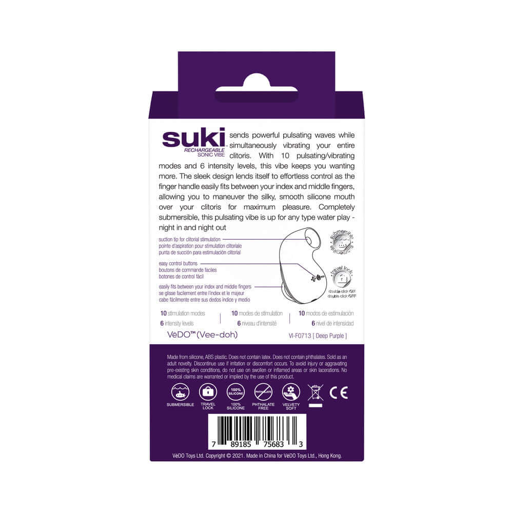 VeDO Suki Sonic Suction Rechargeable Vibrator Deep Purple packaging back view with features and descriptions.