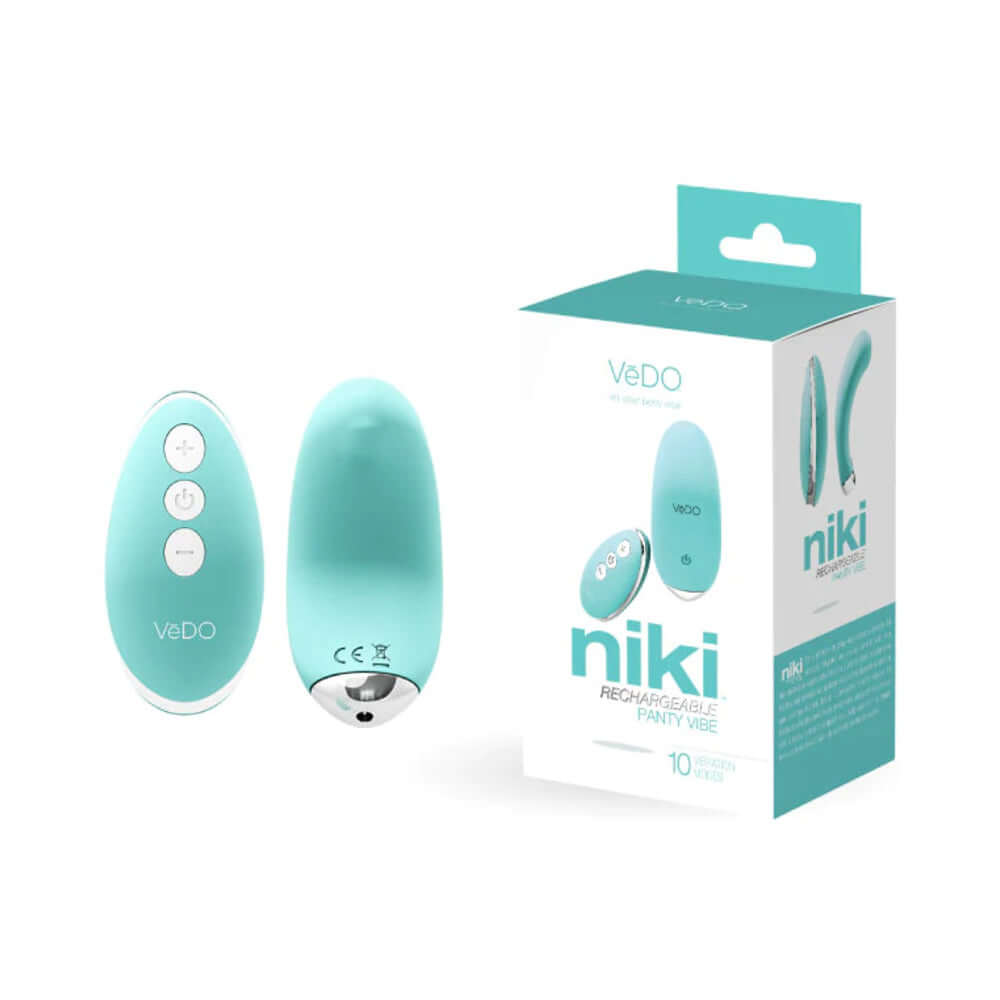 VeDO Niki Rechargeable Panty Vibe Tease Me Turquoise packaging and product display on a white background.