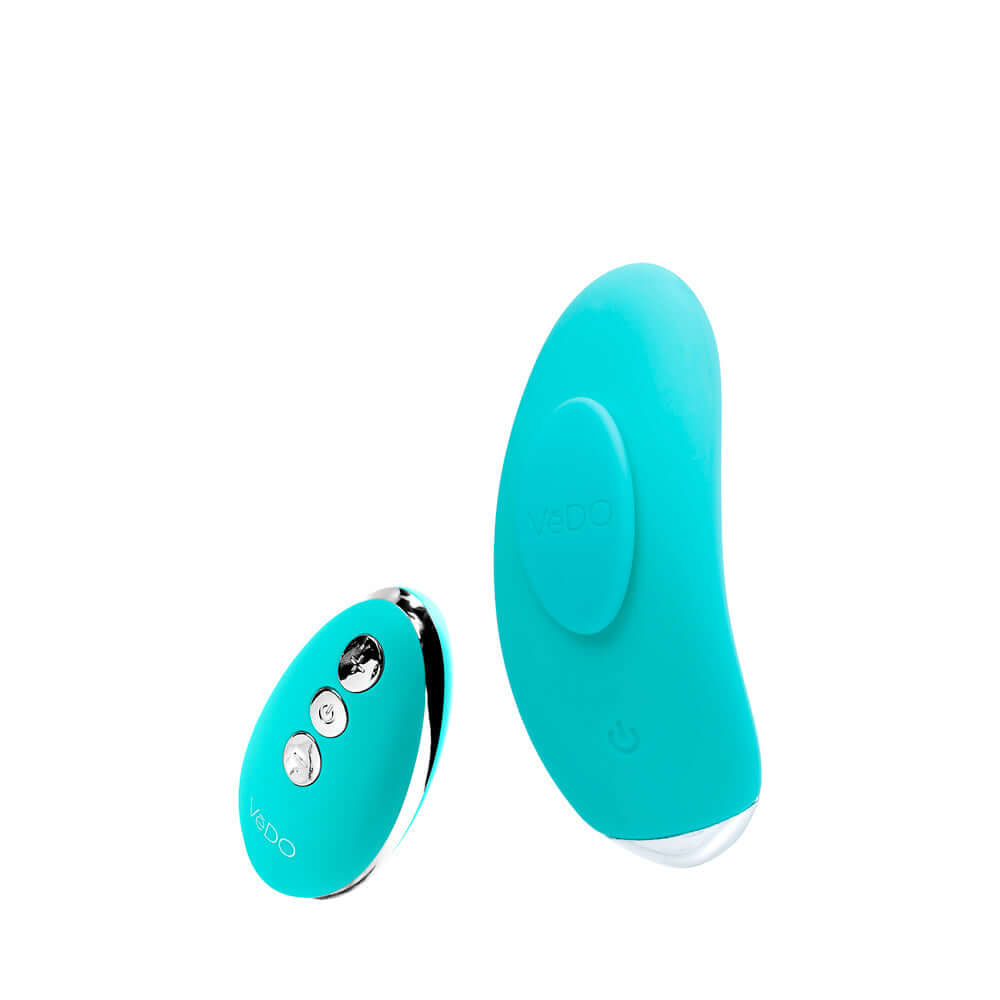 VeDO Niki Rechargeable Panty Vibe Tease Me Turquoise vibrator and remote control, designed for discreet pleasure.