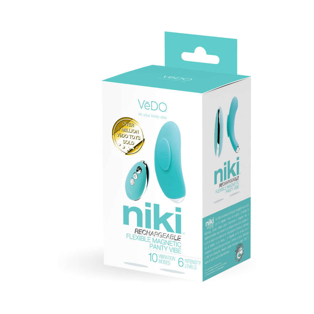 VeDO Niki Rechargeable Panty Vibe Tease Me Turquoise packaging featuring flexible design and various intensity settings.