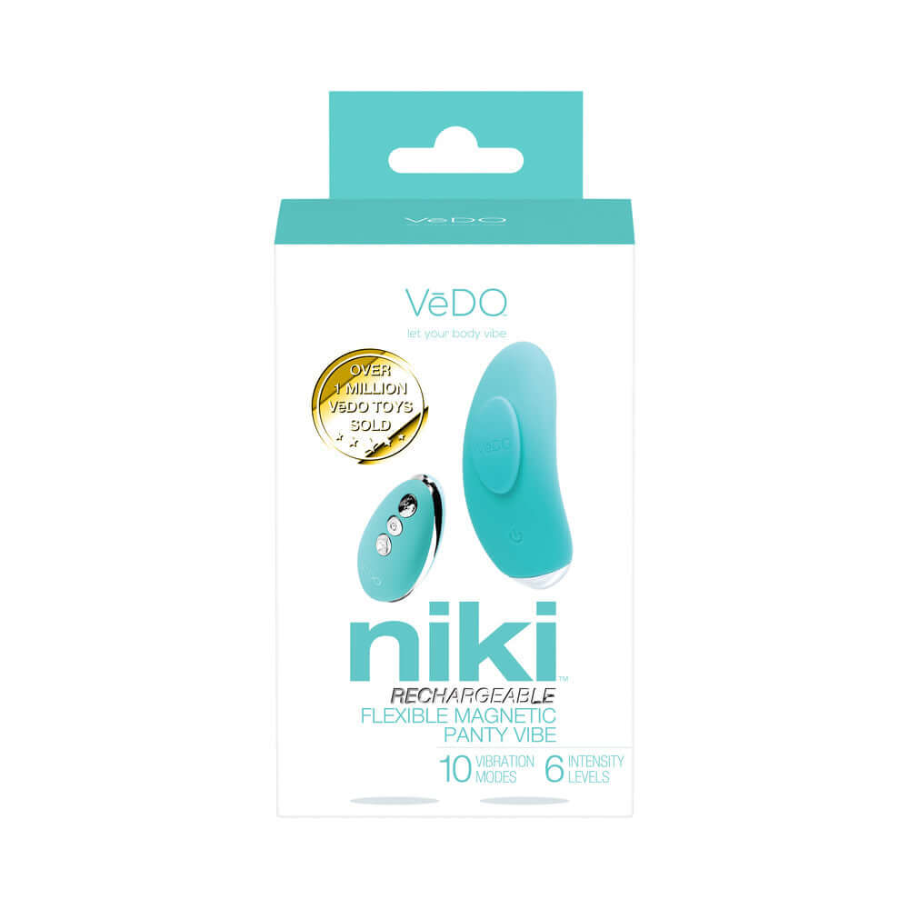 VeDO Niki Rechargeable Panty Vibe Tease Me Turquoise packaging with 10 vibration modes and 6 intensity levels.
