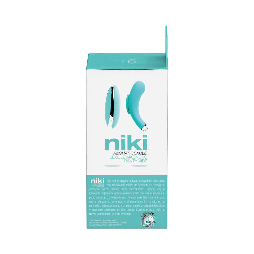 VeDO Niki Rechargeable Panty Vibe Tease Me Turquoise packaging showing the sleek design and functionality.