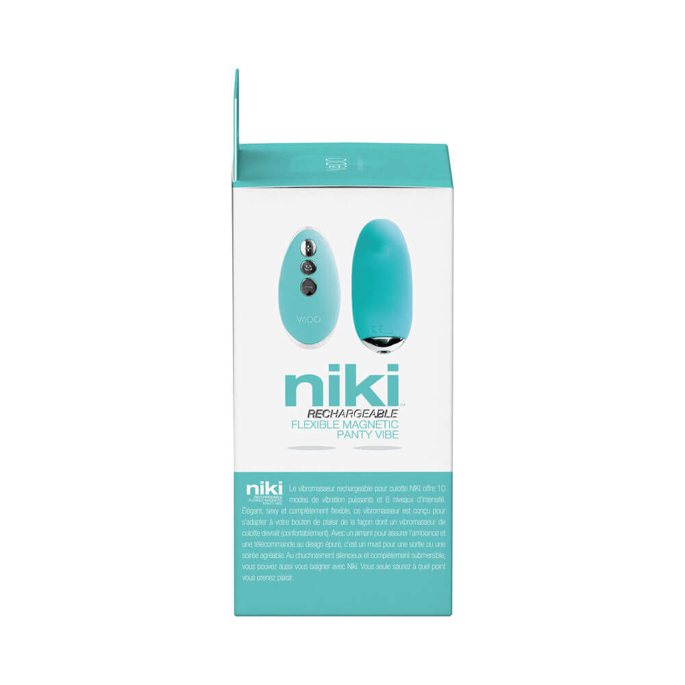 VeDO Niki Rechargeable Panty Vibe Tease Me Turquoise packaging featuring sleek design and easy-to-use controls.