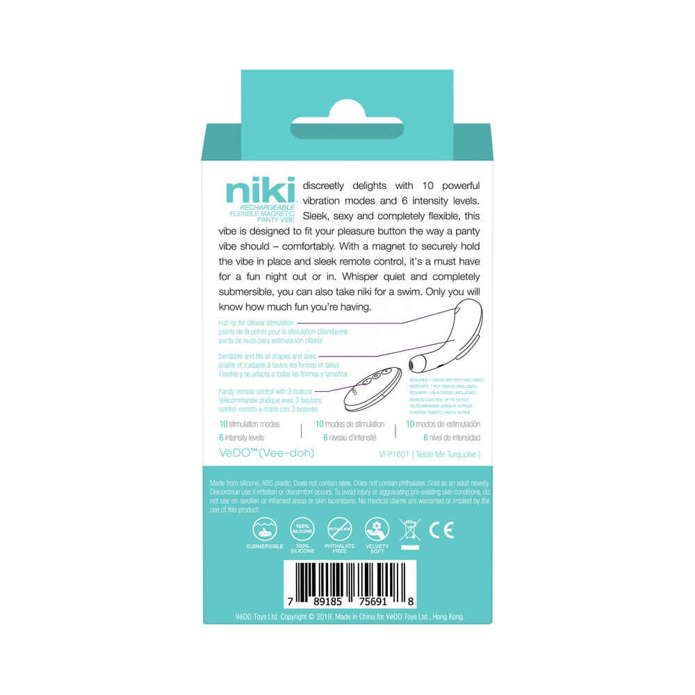 VeDO Niki Rechargeable Panty Vibe Tease Me Turquoise packaging back view highlighting features and instructions.