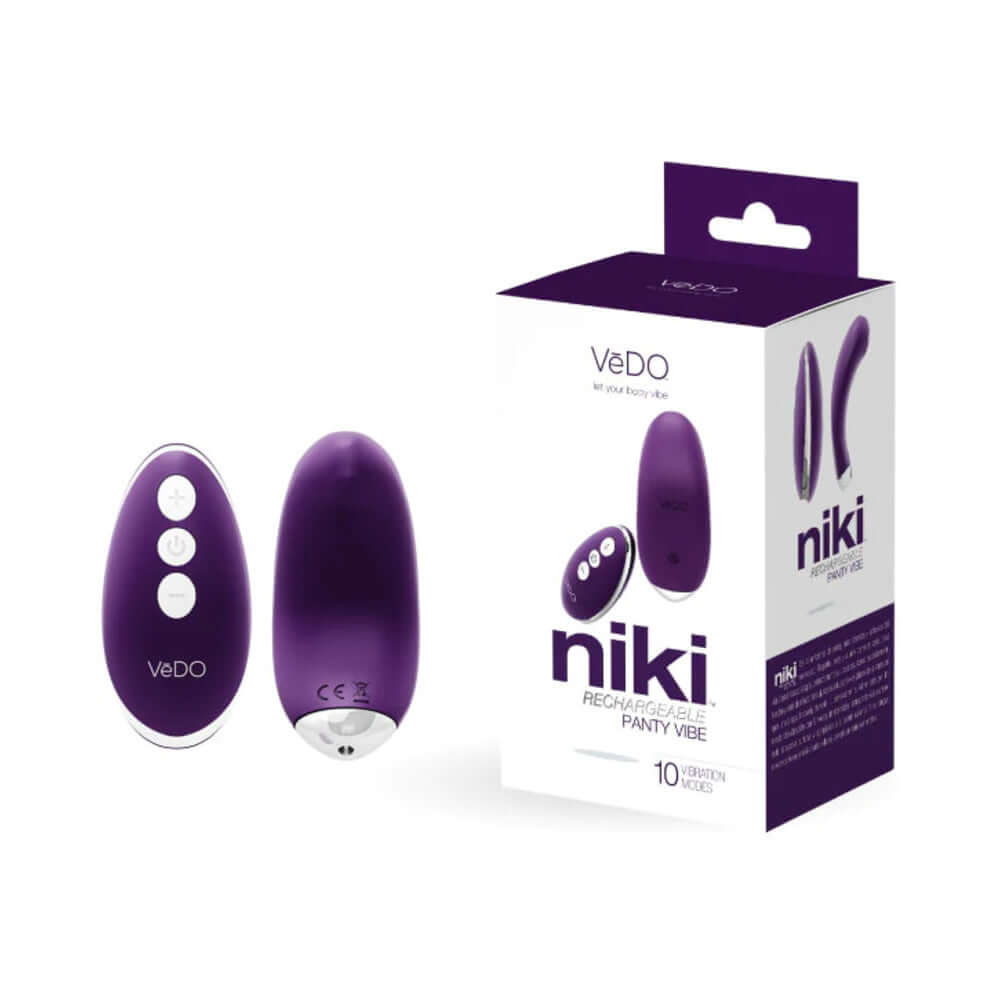 VeDO Niki Rechargeable Panty Vibe Deep Purple with box and remote for discreet pleasure.
