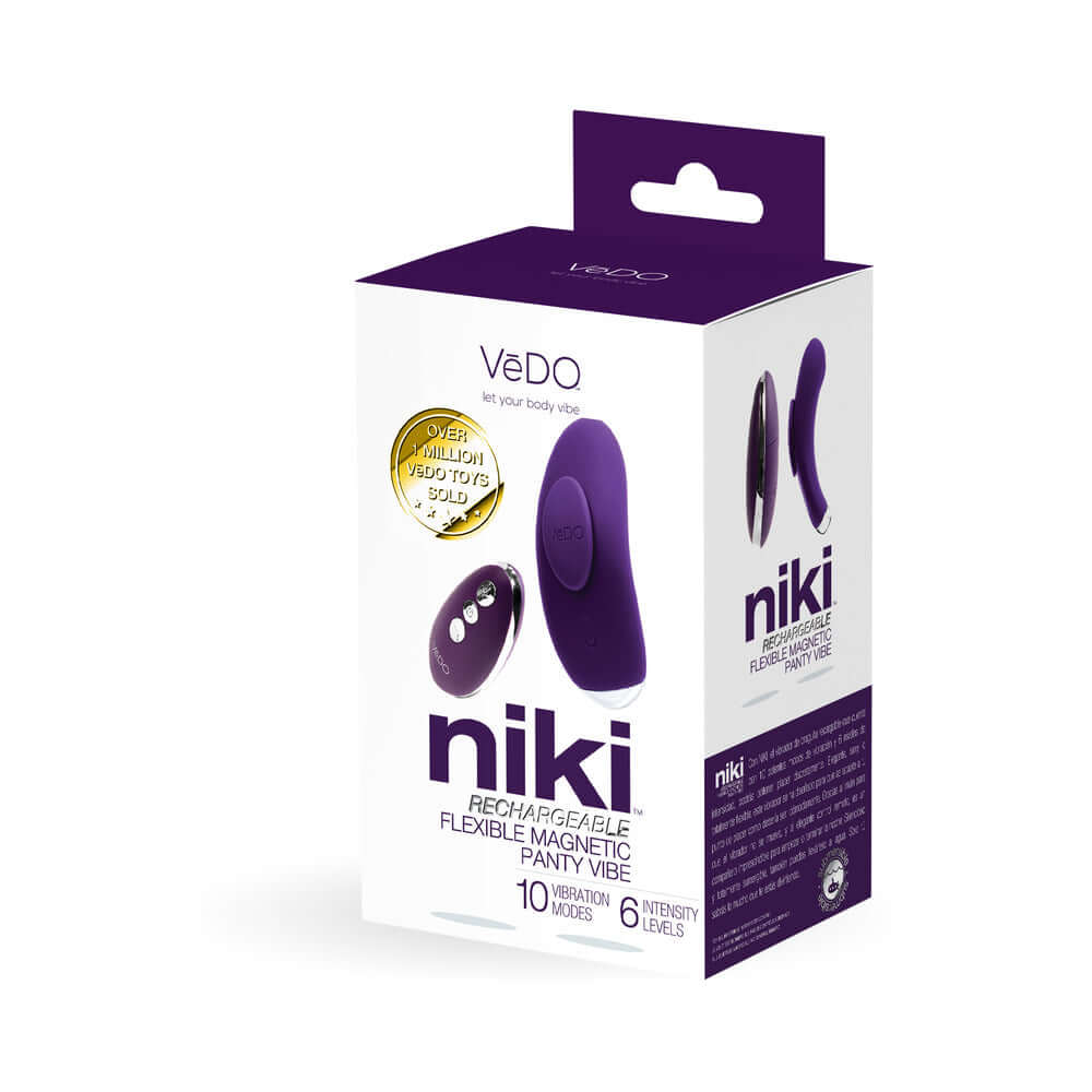 VeDO Niki Rechargeable Panty Vibe Deep Purple packaging featuring flexible design, 10 vibration modes, and sleek appearance.