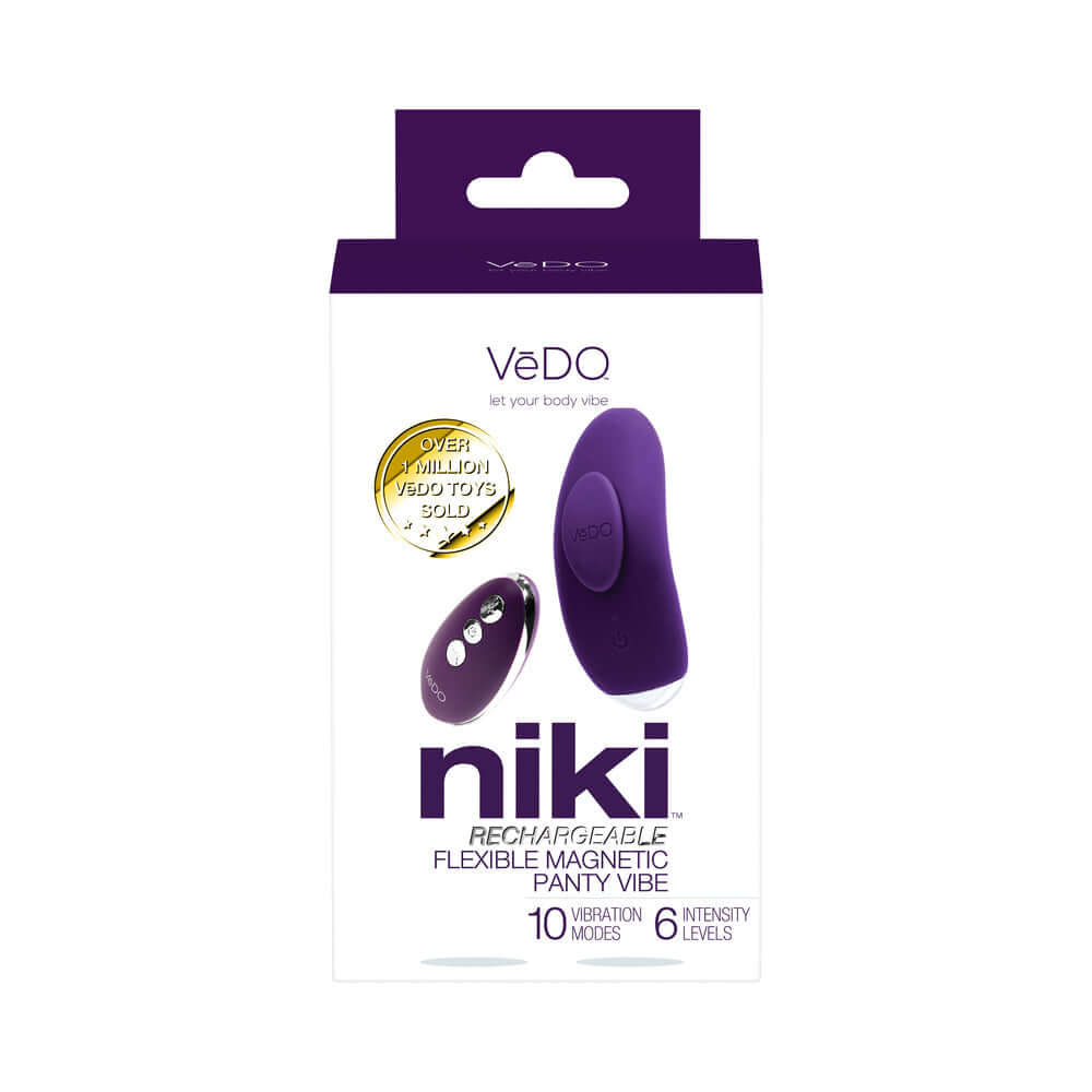 VeDO Niki Rechargeable Panty Vibe Deep Purple packaging, featuring flexible design and multiple vibration modes.