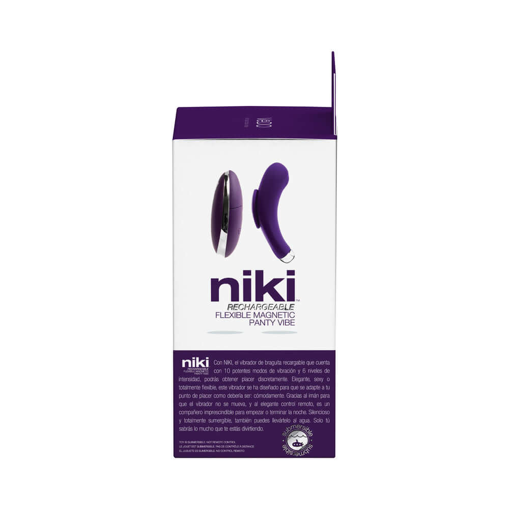 VeDO Niki Rechargeable Panty Vibe Deep Purple packaging featuring sleek design and magnet attachment for discreet pleasure.