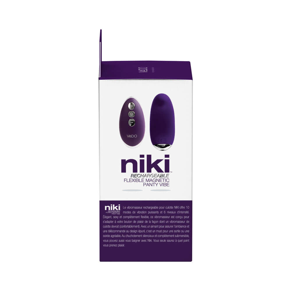 VeDO Niki Rechargeable Panty Vibe Deep Purple packaging showcasing its sleek design and features.