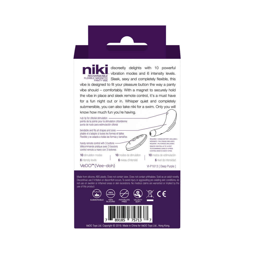 VeDO Niki Rechargeable Panty Vibe Deep Purple product packaging with description and features listed.