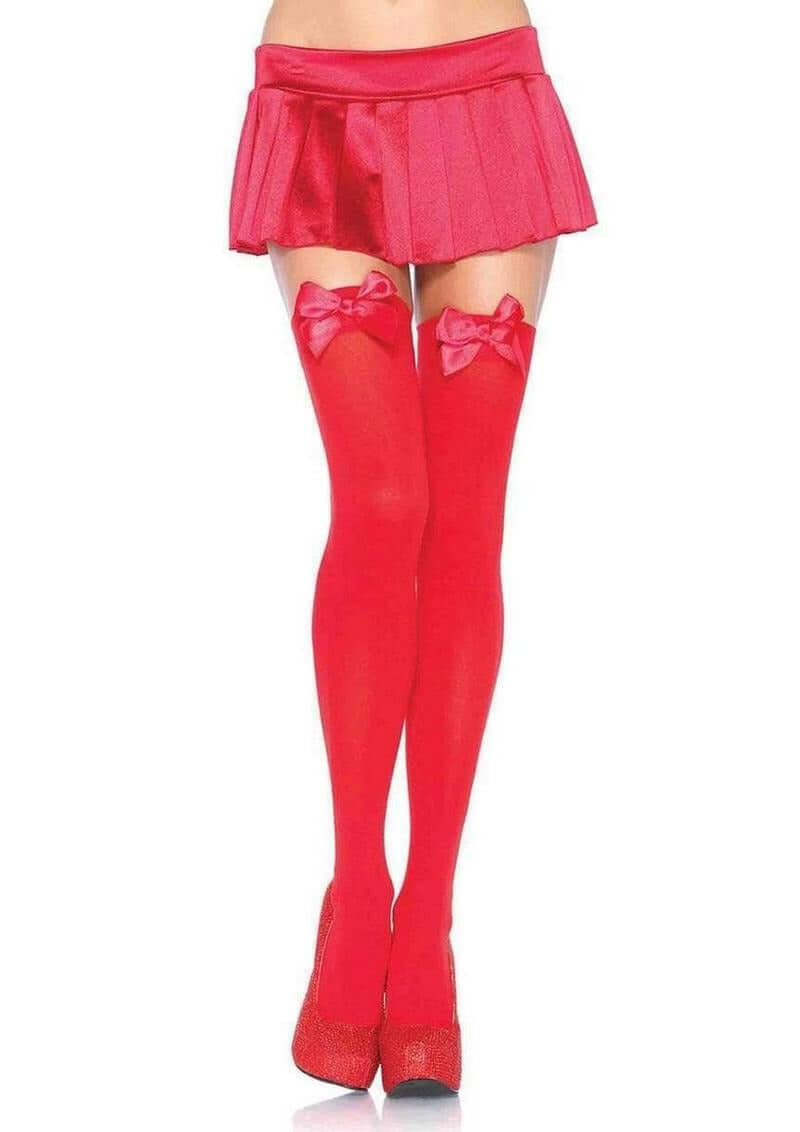 Leg Avenue Nylon Over The Knee with Bow OS Red stockings worn with a short red skirt and high heels.