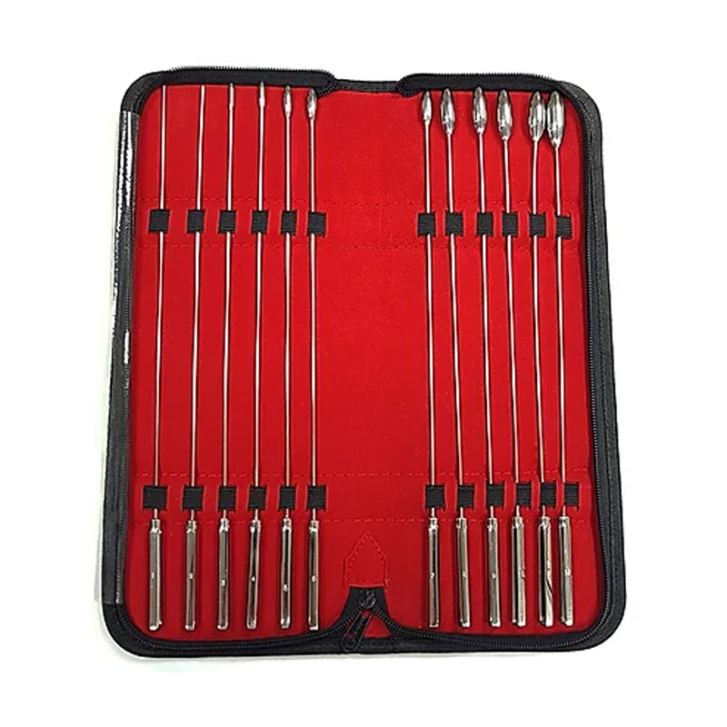 Stainless Steel 12-Piece Rosebud Dilator Set displayed in a case, featuring ergonomic dilators for urethral training.