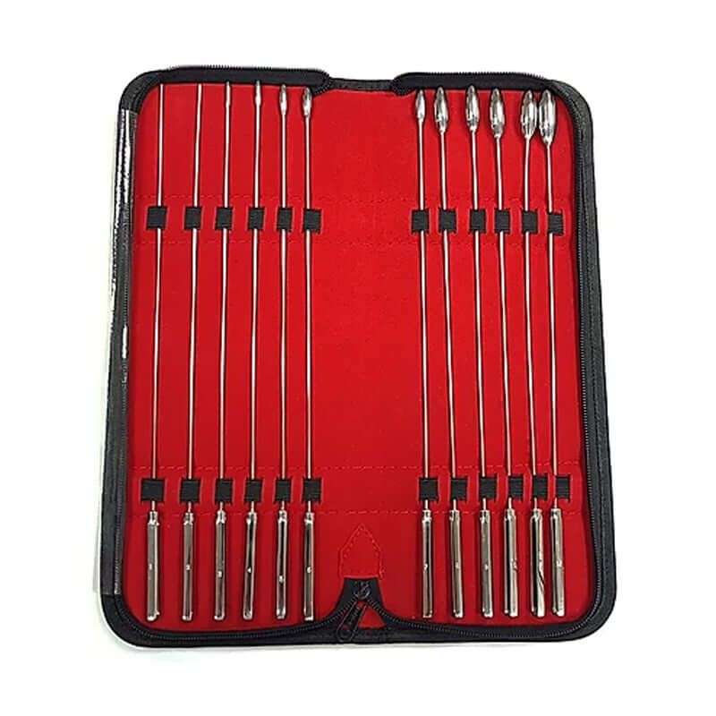 Stainless Steel 12-Piece Rosebud Dilator Set displayed in a case, featuring ergonomic dilators for urethral training.