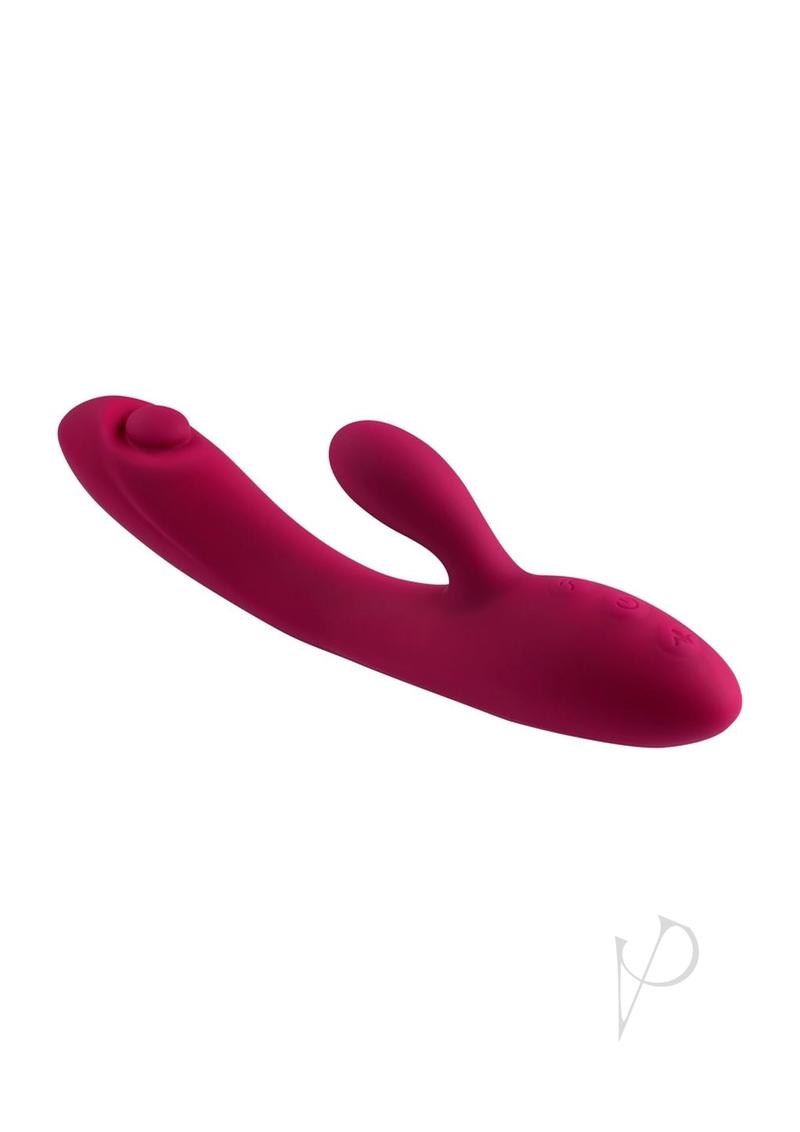 Jammin' G Rechargeable Silicone Rabbit Vibrator Red in a bold red silicone design for dual stimulation.