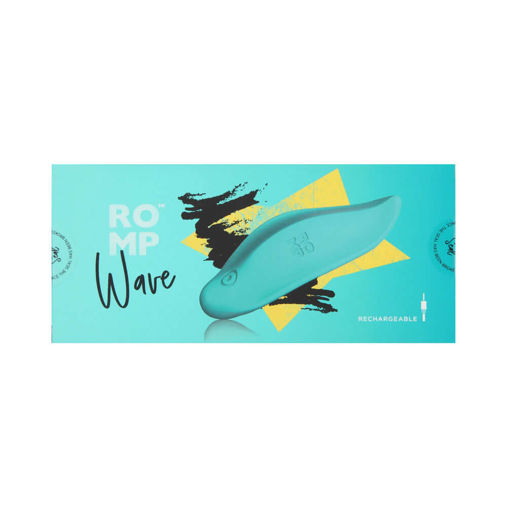 ROMP Wave Rechargeable Silicone Lay-On Vibrator Mint packaging with vibrant design and teal color.