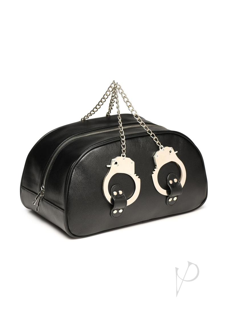 Master Series Cuffed and Loaded Travel Bag Black Silver with handcuff design and chain strap.