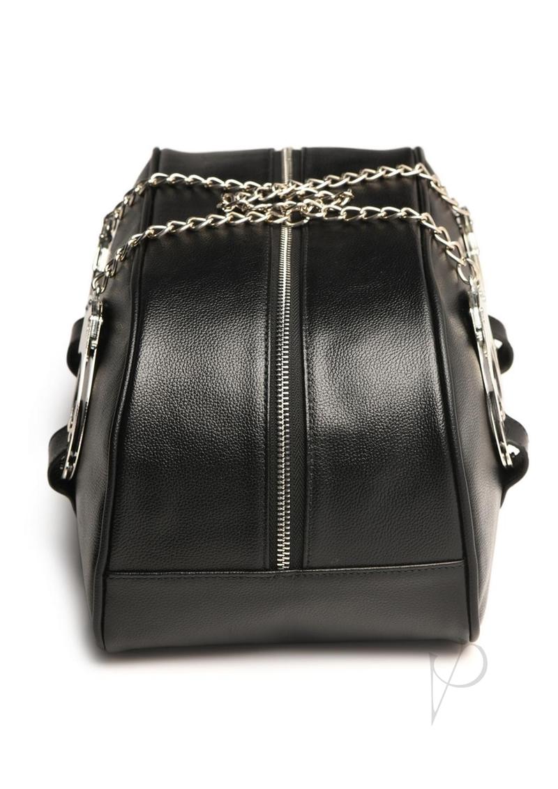 Master Series Cuffed and Loaded Travel Bag Black Silver with chain straps, stylish faux leather design for travel.