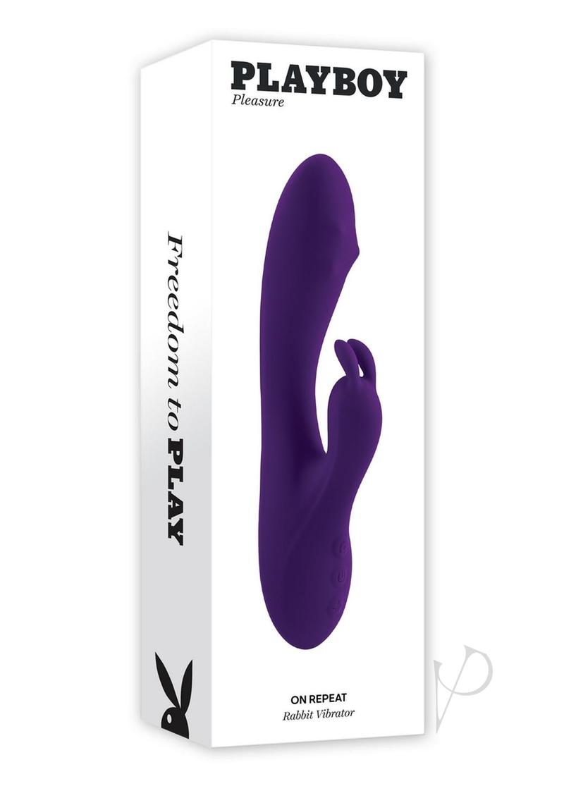 Playboy On Repeat Silicone Rabbit Vibrator Purple in sleek packaging, showcasing dual stimulation features.