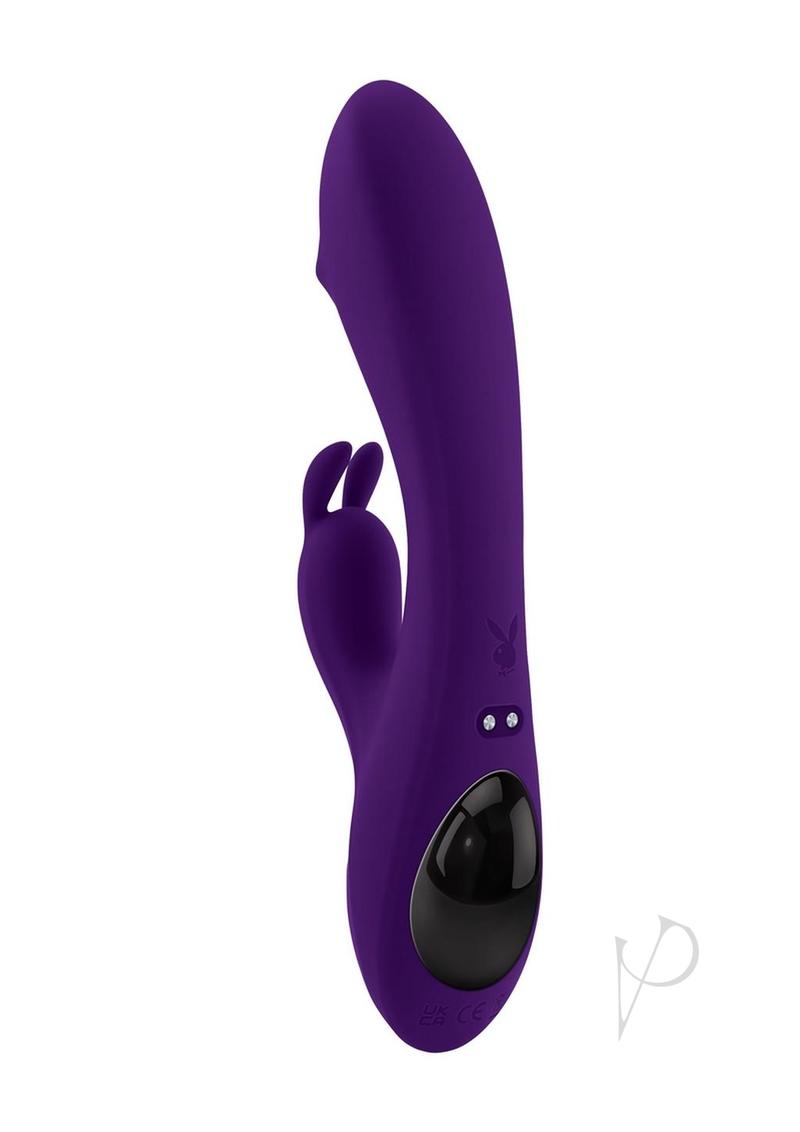 Playboy On Repeat Silicone Rabbit Vibrator Purple showcases a sleek design with dual stimulation features.