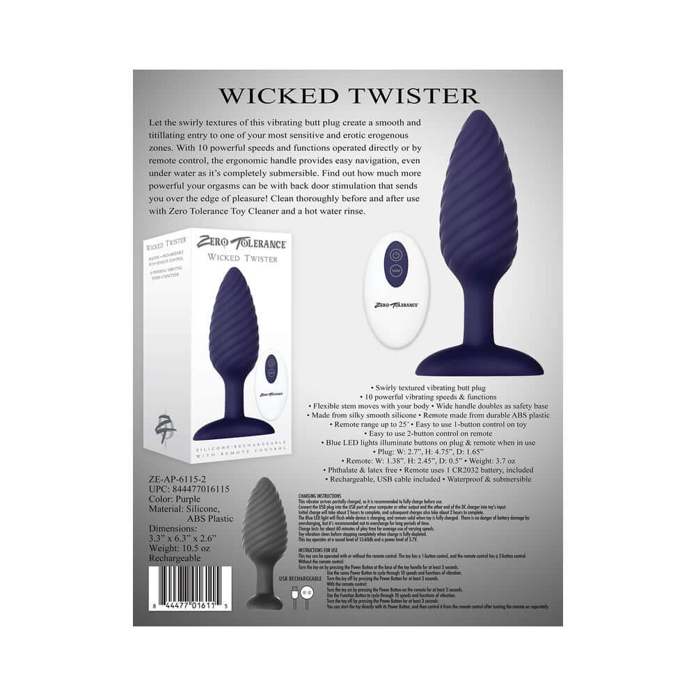 Zero Tolerance Wicked Twister Textured Vibrating Silicone Anal Plug Purple