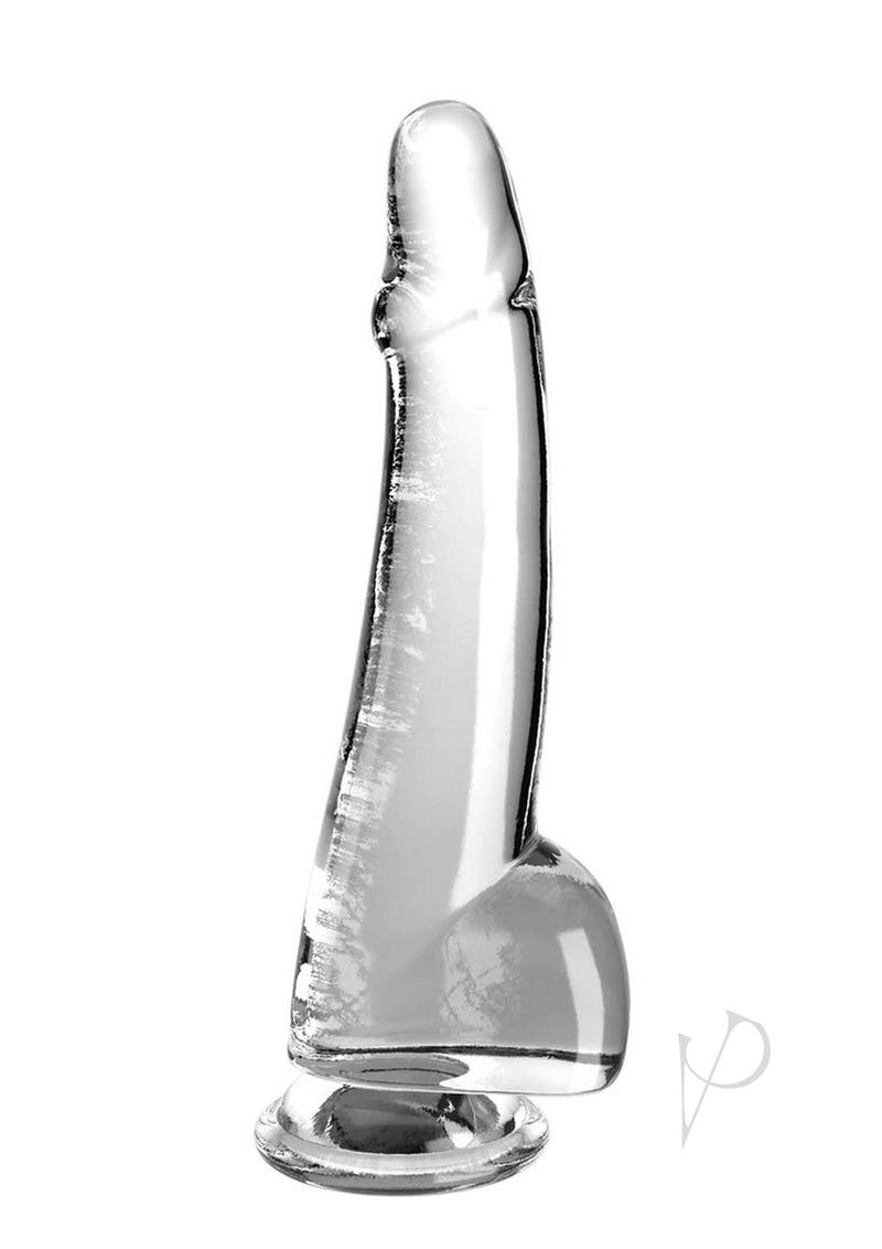 King Cock Clear Dildo with Balls 10 inch Clear featuring a translucent, lifelike design for visual and physical pleasure.