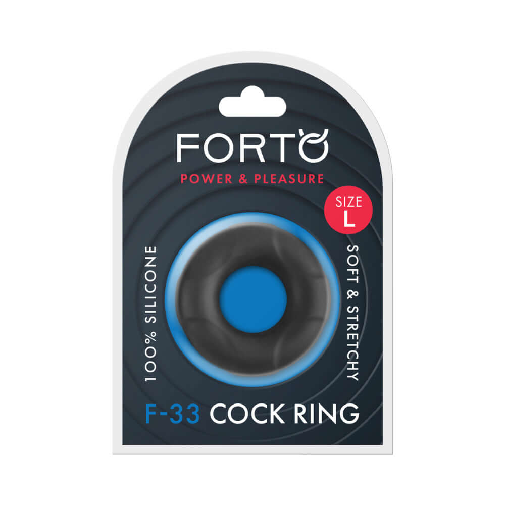 Forto F-33 Liquid Silicone Cockring Large Black packaging featuring a soft and stretchy design for enhanced pleasure.
