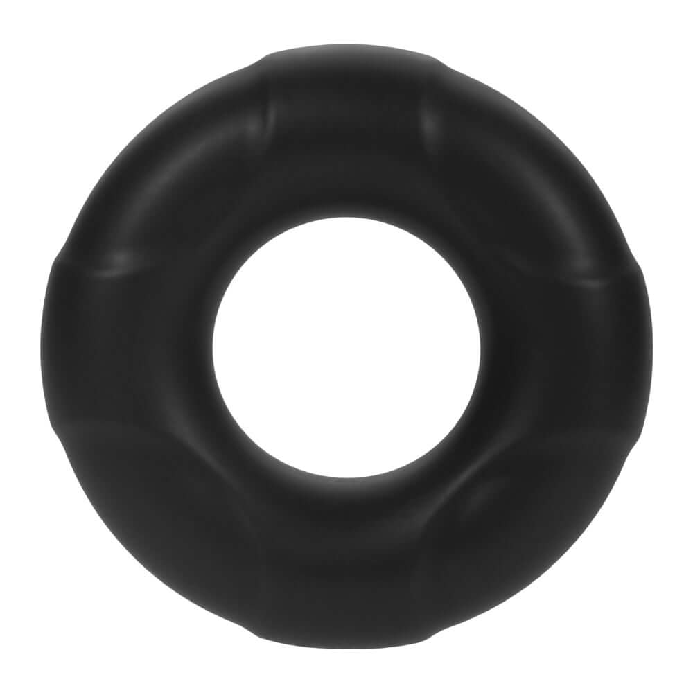 Forto F-33 Liquid Silicone Cockring Large Black displaying a black stretchy penis ring with textured design.
