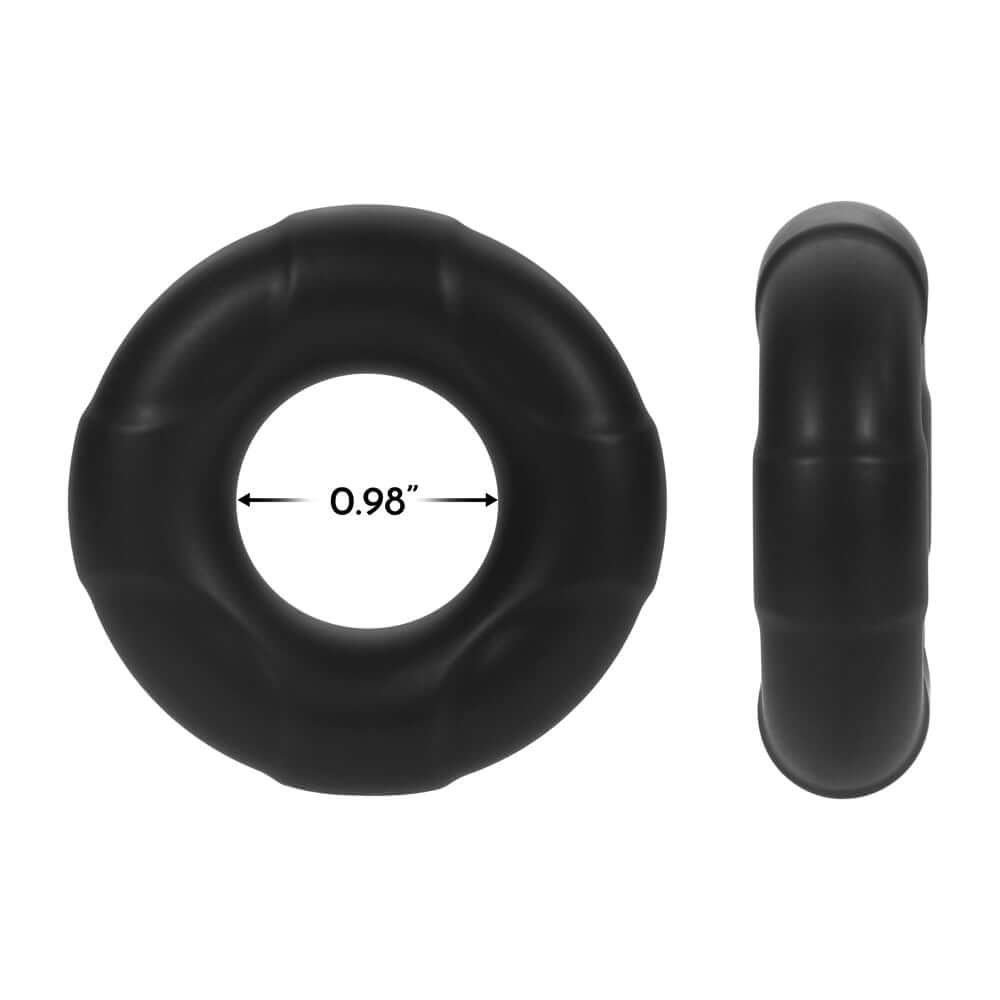 Forto F-33 Liquid Silicone Cockring Large Black showing a stretchy design with a 0.98 inch inner diameter.