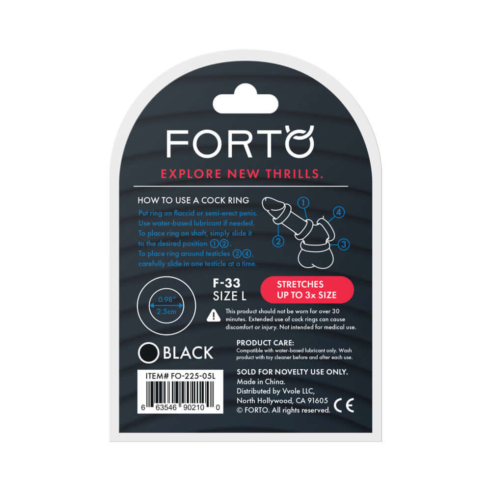 Forto F-33 Liquid Silicone Cockring Large Black packaging with usage instructions and size details.
